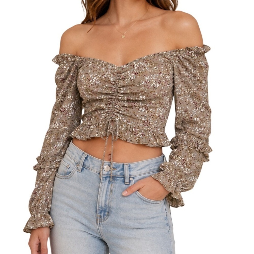 Altar'd State Floral Ruched Off Shoulder Crop Top Women's XS